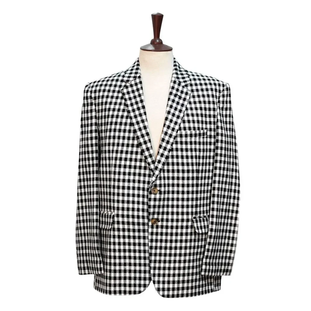 Mens Wool Sport Coat 44R Black White Gingham Check Blazer 2Btn Wedding Formal